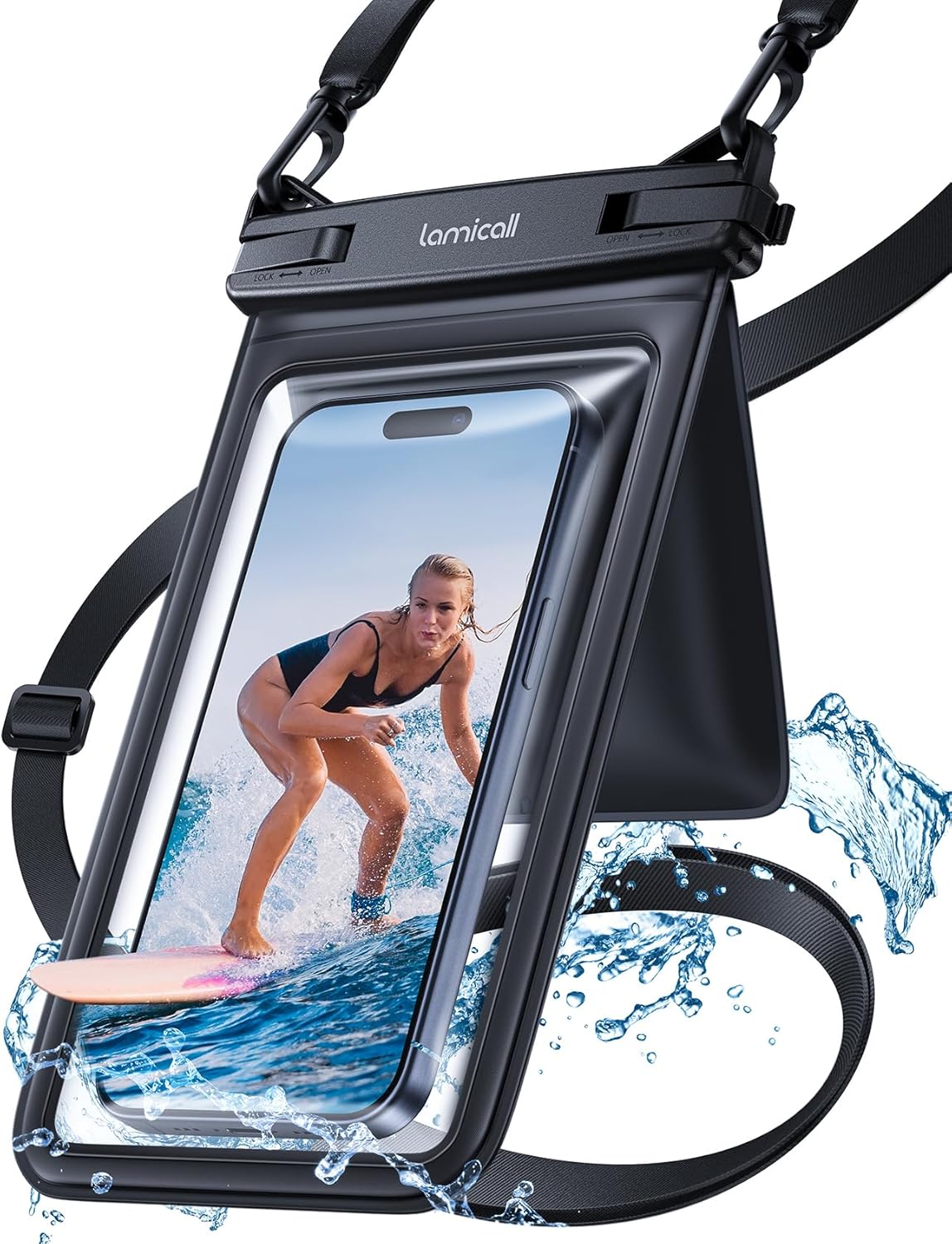 Phone Pouch Case - [Double Space] IPX8 Water Proof Cell Phone Dry Bag with Lanyard, Beach Cruise Ship Essentials for iPhone 16 15 14 13 Pro Max, Galaxy S25 S24, 4-7.5" Black