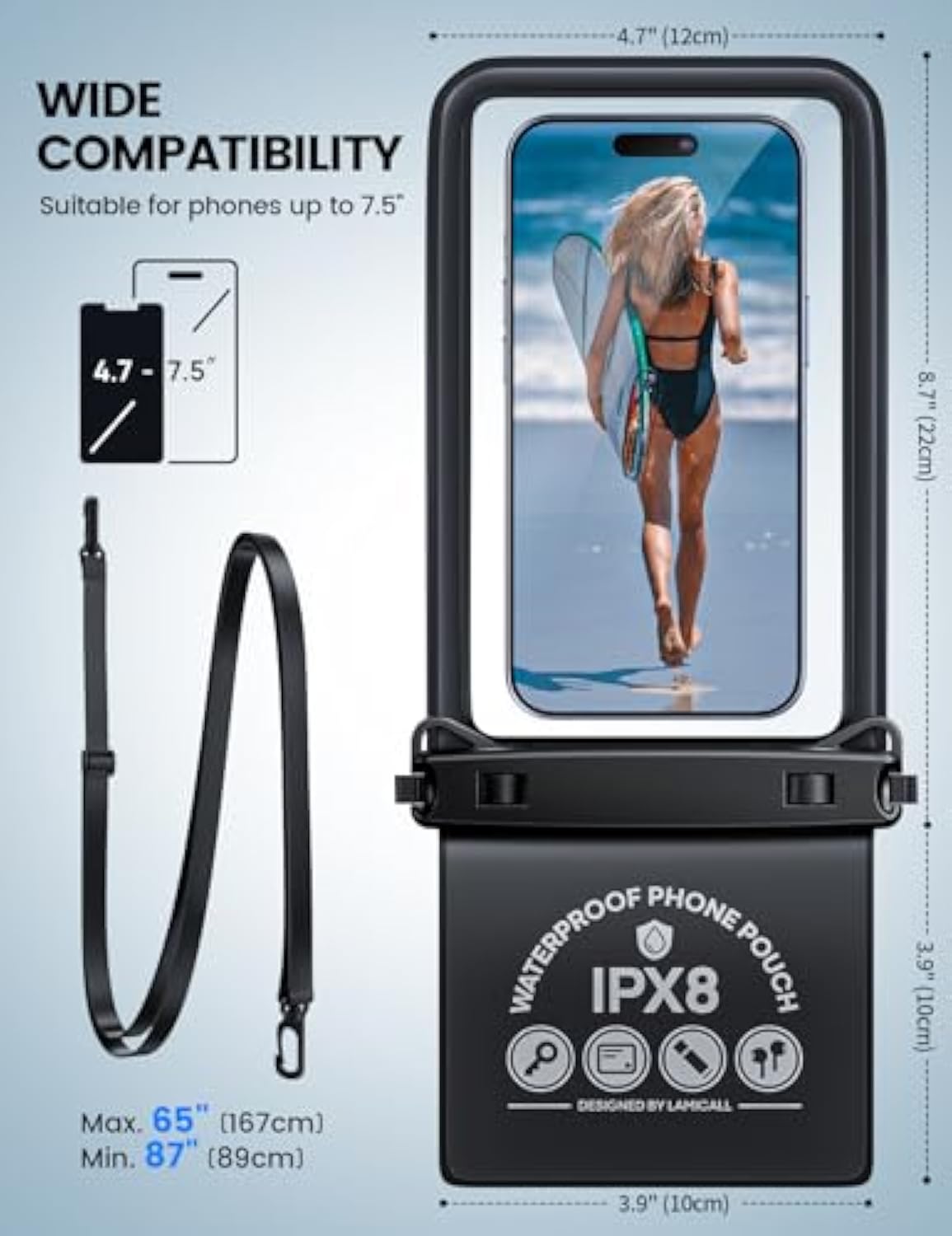 Phone Pouch Case - [Double Space] IPX8 Water Proof Cell Phone Dry Bag with Lanyard, Beach Cruise Ship Essentials for iPhone 16 15 14 13 Pro Max, Galaxy S25 S24, 4-7.5" Black